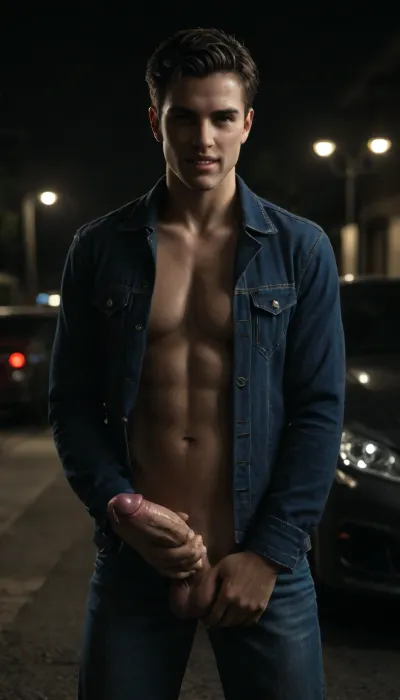 a strong men with little erect cock. little sexy cock, raise both arm to pose sexy pose male model, smile, orgasm, scream pleasure, wearing sexy blue thick denim jacket with very long sleeve. Solo, night-time, dark, streetlights, close-up.25 years old muscular man, tall man, short black hair, short hair, straight hair, front view, standing next to car in car park at night, cock sticking out from his jeans with sexy belt, veiny cock, neck male medallion, oiled empty chest, glistening cock, masturbating, CUMSHOT HUGE JET SPERM from cock, HUGE EJACULATION MILKY SPLASH SPERM, nightime, moonlight, standing for viewer, looking directly at me, eye-contact, <lora:dark:.8>