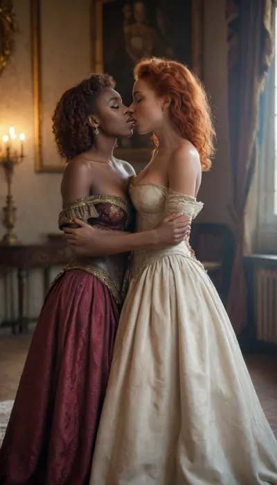 Two women, Princess, Caucasian, Redhead, wearing an elaborate gown tearing at the brown tattered rags of the slave woman who is Black and her round breasts are exposed, African with dark skin, while trying to hide as they kiss passionately, Castle