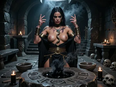A cinematic, dark fantasy scene depicting a Stygian dark sorcerer from the Hyborian Age, performing a forbidden ritual deep inside an ancient subterranean dungeon. She is a strikingly beautiful woman in her mid-twenties, with long dark hair, intense dark eyes, and sun-bronzed skin, possessing the dangerous allure of a femme fatale, beautiful in a sinister, corrupted, predatory way rather than innocent or delicate.

Her body and face show subtle but unmistakable signs of corruption caused by prolonged exposure to forbidden magic, dark discoloration spreading from her fingertips, unnatural shadow-like markings around her eyes, while she remains recognizably human and extraordinarily beautiful.

She is topless wearing dark Stygian ritual garments inspired by an ancient decadent desert kingdom, black linen, dark leather, bronze and tarnished gold ornaments, serpent-shaped jewelry, ritual belts, engraved armlets, and pieces of revealing but practical ceremonial clothing. Her appearance should feel ancient, dangerous, aristocratic and sorcerous.

She stands before a massive crudely carved stone altar, conducting a dark ritual. Ancient symbols and serpent motifs have been roughly cut into the altar and surrounding stone floor. Strange black smoke, shadowy magical energy and faint unnatural light rise from the ritual site, illuminating her face from below. Her hands are raised as she manipulates the forbidden magic, her expression focused, confident and quietly malevolent.

The dungeon is primitive, oppressive and brutal in construction, built entirely from enormous roughly hewn dark stone blocks. Walls, pillars, steps, benches, tables, ritual stands and altars are all made from coarse unfinished stone. Nothing should look polished, luxurious or clean. The chamber feels ancient, subterranean and almost prehistoric, as though carved directly into the earth centuries ago.

Sparse black or very dark wax candles burn around the ritual area, their small flames barely penetrating the darkness. Pools of heavy shadow dominate the room. Ancient skulls, weathered ritual objects, crude stone bowls and traces of old sacrifices may be present, but the environment remains restrained and believable rather than cluttered.

Low-key cinematic lighting, deep blacks, warm candlelight mixed with faint sinister magical illumination, dramatic chiaroscuro, volumetric smoke, oppressive atmosphere, gritty realistic textures, weathered stone, realistic anatomy, realistic skin texture, detailed hands, detailed eyes, natural proportions, dark mature sword-and-sorcery aesthetic, photorealistic, cinematic realism, highly detailed, brutal ancient fantasy atmosphere.