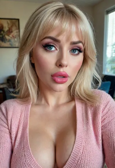 busty blonde woman, blonde dyed hair with bangs, big red lips, kiss mouth, big blue eyes, eyeshadow, blush, heavy makeup, pink cardigan, with deep cleavage, bmbplora, <lora:bimboxl_02:.8>