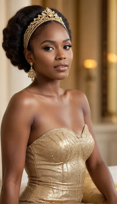 Create an image of a stunning portrait that embodies the theme of Golden Elegance, Radiance in Every Detail. The subject is a beautiful dark woman exuding confidence and grace, her skin glowing with a golden hue that reflects the warmth of the golden hour. She is adorned in luxurious fashion, with elegant attire that complements her natural beauty and flawless style. The setting is bathed in soft, golden light, enhancing the richness of her complexion and the elegance of her pose. Her expression is regal and poised, capturing the essence of #AfricanBeauty and #BlackExcellence. The overall mood is one of sophistication and natural glam, with an emphasis on #QueenEnergy and timeless elegance.