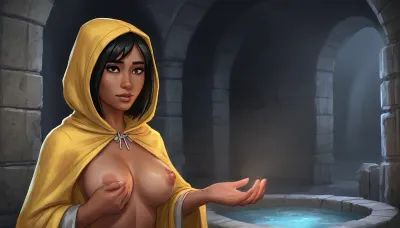(Anwen from Skyrim, 30 year old, very dark tanned black skin, small breasts, very short black hair bobcut, neutral face), (inside medieval underground stone bathhouse, silver stone walls), (wearing yellow hood up, revealing open yellow medieval robes), (hands on breasts, squeezeing breasts), close-up view focusing on face above chest, blue atmosphere, five fingers, fantasy art, dark scene, (artwork, digital painting, fantasy art, loading screen art style), <lora:LegendDarkFantasy-000001:1>, <lora:SumTim:.1>, <lora:SDXLSamDoesArts:.5>, <lora:melanin-XL:.3>