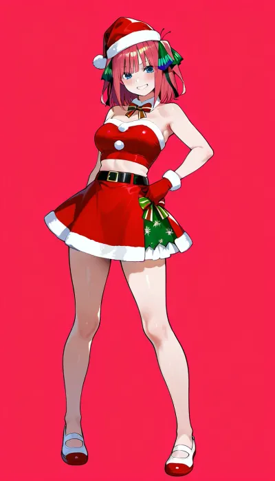 cute, Nino Nakano, posing, christmas hat, christmas skirt, gloves, colour background, christmas collar, christmas colour ribbons, front view, squish teeth, uwabaki shoes