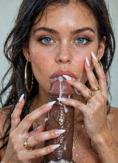 pov, romantic movie scene, (thick huge black cock next to her face:1.6), (zoom out frame:1.6), (long black hair:1.4), emotive, eye contact, (romantic atmosphere:1), deep blue eyes, (close up:1), romantic light, (perfect manicured very long polish nails:1.3), (silver longest necklaces), silver choker, (gold hoop earrings:1.5), big lips, looking at viewer, naked, (blue eyes:1.5), (perfect white colour manicured very long polish nails:1.6), (thick glossy lips:1.4), (close-up to nails and nipples:.5), ((((she wear lots of silver and diamonds rings in every finger:1.65)))), skin tight, side view, (cum is flowing from penis:1.3), cum orgasmn, cumshot, (cum coated:1.4), ((massive cock shoots a gigantic cumshot on her face:1.4)), (giant cumshot:1.4), (cum oozing out:1.4), huge cock, (cute girl covered in excessive cum:1.4), (huge perky dark nipples:1.4), <lora:detailed_notrigger:1>, <lora:BUT_SDXL_SHS:1>, <lora:sd_xl_turbo_lora_v1-64dim:.1>