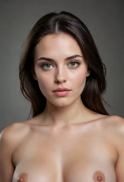 A hyper-realistic, full-body shot of a beautiful, naked 22-year-old woman with a flawless face and straight, dark hair falling naturally around it. She has light, greenish-gray eyes, a neutral gaze, and a serene expression. Her fair skin has a smooth, even texture with no visible blemishes. She features balanced facial traits, a medium forehead, slender and slightly arched eyebrows, a straight, well-proportioned nose, and medium-sized, well-defined lips. Her body is curvaceous with large, natural breasts and sparse pubic hair, her fingernails and toenails are painted black. The background is plain and light, free of distractions. The lighting is perfect, highlighting the symmetry and details of her face. The image features a professional photographic style with sharp focus, neutral color balance, and anatomical accuracy.