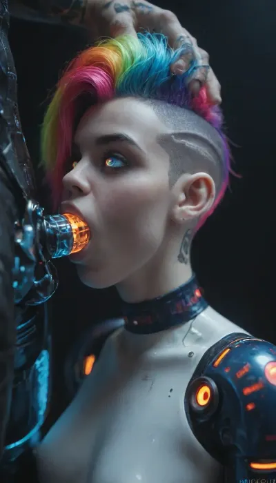 tall, athletic, buxom, (android:1.5), (iridescent chalk white skin:1.2), (iridescent electric blue robotic body:1.4), (colorful fluorescent buzzcut hair:1.5), (iridescent void eyes:1.3), (deepthroat:1.3), gagging, slobering, saliva, cyberpunk hotel bedroom