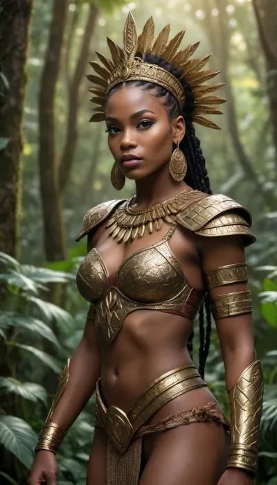 Create an image of a fierce and elegant African warrior queen standing proudly in a lush jungle setting. She wears intricately designed armor that combines strength and beauty, reflecting her regal strength and empowered elegance. Her braided crown is adorned with tribal jewelry, showcasing her connection to her heritage and culture. The scene is bathed in warm, golden light that highlights her melanin-rich skin, exuding a sense of mythical fierceness and legendary grace. Her expression is one of determination and wisdom, embodying the essence of Black Girl Magic. The background features dense foliage and vibrant flora, enhancing the jungle vibes and adding depth to the scene.