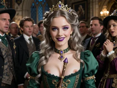 Harry Potter reality, steampunk setting, entourage of alternate fantasy Victorian era, Victorian young lady-witch, doll face, wavy long ash‑blonde hair, intricate hairstyle, (provocative dark-purple makeup), purple lipstick, provocative smile, gold tiara with diamonds, large bright blue hazel eyes, paper‑white skin, green Victorian gown dress, deep cleavage showing exposed nipples, exquisitely decorated magic wand sticking from decollate between breasts, puff‑sleeve sleeves, she looks fancy, in Hogwarts Yule Ball, everybody around stares at her lustfully