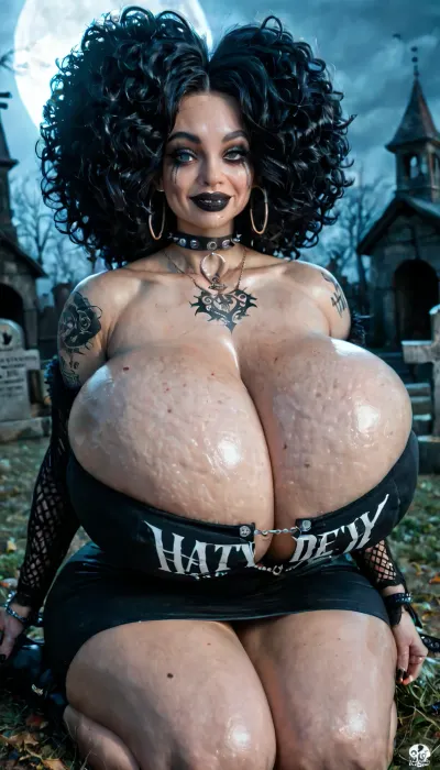 Queen Nephi, (huge breasts:1.6), long black hair, fluffy hair, hoop earrings, sloppy drunk 25 year slut, dark eye liner, heavy mascara, lower back tattoo, black lips, big titty goth girl, slutty face, big blueeyes, fat bitch, (huge cleavage:1.4), pierced nose, big juicy ass, small waist, very erect nipples, inch long nipples, puffy nipples, dark nipples, (very thick nipples), haunted graveyard at night, runny makeup, diamond choker and leash, diamond jewelry, (black tiny longerie), underboob, on knees