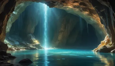 Gorgeous cave. Giant and intricate details. Glistening glowing pools of magical water. Bioluminescent crystals clinging to the cave walls. Garmash. Wlop. Guweiz. Oil paint strokes. Surreal. Outlines. Vivid and surreal crystals and magical water.