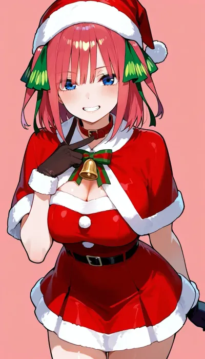 cute, Nino Nakano, posing, christmas hat, christmas skirt, gloves, colour background, christmas collar, christmas colour ribbons, front view, squish teeth
