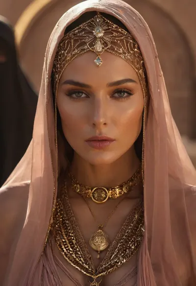 (based on a scene from the film ‘Dune’), Lady Jessica of the Bene Gesserit Order, official concubine of Duke Leto Atreides, upon arrival on Arrakis, (in richly decorated attire), ((with a mesh veil covering her face)), (beautiful expressive eyes), ((low-cut dress with a hood)), (intricate gold chains and necklaces), ((mesh sleeves), gold inlaid belt, (soft pink fabric), (subdued color), (deep shadows), (soft lighting), (portrait), ((woman from the entourage in the background)), (cinematic quality), (photorealism), (high detail), (depth of field), (staged), (epic scale), (atmospheric))
