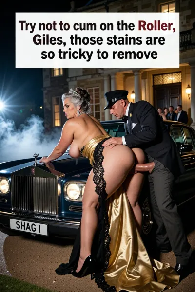 Hyper-realistic masterpiece, 8k UHD, sharp focus, dynamic angle, explicit uncensored sex, a voluptuous BBW older Dowager Duchess with massive breasts and a visible hairy pussy, standing by her car and bending, leaning forward, lying on her stomach across the bonnet of her dark vintage Rolls Royce, with her exposed ass in the air, being fucked by her male chauffeur from behind on the bonnet, car registration plate reads “SHAG 1”, gold satin ballgown with black lace trim pulled up, small tiara, necklaces and big earrings, chauffeur in a formal suit and peaked cap with trousers around his ankles, passionate intercourse, explicit and visible penetration and stretching of her anus around his thick veiny penis, anal sex, detailed skin textures, realistic body proportions. Background, grand English country mansion at night, spotlights in the ground uplighting the stone facade, massive front door with Doric columns, warm lights glowing in windows, blurred silhouettes of party guests in the lower ballroom. Lighting, dramatic chiaroscuro, contrasting deep night shadows with warm golden interior light and stark white exterior spotlights, cinematic composition, opulent atmosphere, rich colors, intricate fabric textures of satin and lace. Smokey misty atmosphere.
Big white text box at top “Try not to cum on the Roller, Giles, those stains are so tricky to remove”