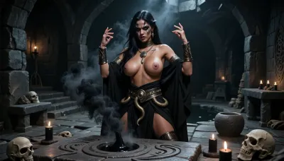 A cinematic, dark fantasy scene depicting a Stygian dark sorcerer from the Hyborian Age, performing a forbidden ritual deep inside an ancient subterranean dungeon. She is a strikingly beautiful woman in her mid-twenties, with long dark hair, intense dark eyes, large natural sagging breasts, and sun-bronzed skin, possessing the dangerous allure of a femme fatale, beautiful in a sinister, corrupted, predatory way rather than innocent or delicate.

Her face show subtle but unmistakable signs of corruption caused by prolonged exposure to forbidden magic, unnatural shadow-like markings around her eyes, while she remains recognizably human and extraordinarily beautiful.

She is topless wearing dark Stygian ritual garments inspired by an ancient decadent desert kingdom, black linen, dark leather, bronze and tarnished gold ornaments, serpent-shaped jewelry, ritual belts, engraved armlets, and pieces of revealing but practical ceremonial clothing. Her appearance should feel ancient, dangerous, aristocratic and sorcerous.

She stands before a massive crudely carved stone altar, conducting a dark ritual. Ancient symbols and serpent motifs have been roughly cut into the altar and surrounding stone floor. Strange black smoke, shadowy magical energy and faint unnatural light rise from the ritual site, illuminating her face from below. Her hands are raised as she manipulates the forbidden magic, her expression focused, confident and quietly malevolent.

The dungeon is primitive, oppressive and brutal in construction, built entirely from enormous roughly hewn dark stone blocks. Walls, pillars, steps, benches, tables, ritual stands and altars are all made from coarse unfinished stone. Nothing should look polished, luxurious or clean. The chamber feels ancient, subterranean and almost prehistoric, as though carved directly into the earth centuries ago.

Sparse black or very dark wax candles burn around the ritual area, their small flames barely penetrating the darkness. Pools of heavy shadow dominate the room. Ancient skulls, weathered ritual objects, crude stone bowls and traces of old sacrifices may be present, but the environment remains restrained and believable rather than cluttered.

Low-key cinematic lighting, deep blacks, warm candlelight mixed with faint sinister magical illumination, dramatic chiaroscuro, volumetric smoke, oppressive atmosphere, gritty realistic textures, weathered stone, realistic anatomy, realistic skin texture, realistic breasts, realistic nipples, detailed breasts, detailed nipples, detailed hands, detailed fingers, detailed eyes, natural proportions, dark mature sword-and-sorcery aesthetic, photorealistic, cinematic realism, highly detailed, brutal ancient fantasy atmosphere.