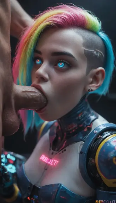 tall, athletic, buxom, (android:1.5), (iridescent chalk white skin:1.2), (iridescent electric blue robotic body:1.4), (colorful fluorescent buzzcut hair:1.5), (iridescent void eyes:1.3), (deepthroat:1.3), gaging, slobering, saliva, cyberpunk hotel bedroom