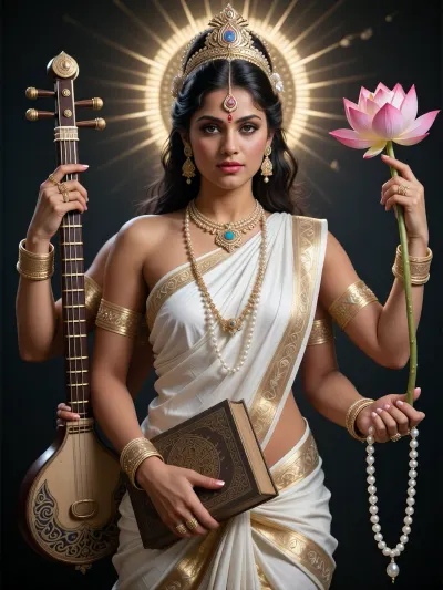 An award-winning masterpiece, a hyper-realistic, divine portrait of the goddess Saraswati in a white and gold sari, captured in a cinematic medium shot showing her entire upper body, including all her limbs. The character design strictly specifies exactly four distinct and fully visible arms, arranged symmetrically and harmoniously within a balanced composition. The face is exceptionally detailed, it features intricate patterns in the irises, realistic reflections on the corneas and sharp, crystal-clear highlights. All four hands are impeccably rendered in accordance with perfect anatomy, with fine lines on the palms, realistic shiny nails and detailed cuticles. Each of the four hands holds a specific sacred object with absolute precision, hand 1 holds a traditional Saraswati vina with exactly seven distinct, thin metal strings, hand 2 holds an ancient sacred book in the form of, Hand 3 holds a prayer necklace made of shimmering, iridescent white pearls, Hand 4 holds an unblemished, fully bloomed pink lotus flower with visible dewdrops. A divine, radiant aura, an elegant composition, a three-dimensional atmosphere, ultra-high 8K resolution, photorealistic textures, rendered in Unreal Engine 5, striking studio lighting, and symmetrical balance — a four-armed masterpiece.