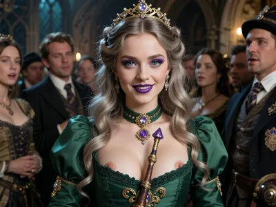 Harry Potter reality, steampunk setting, entourage of alternate fantasy Victorian era, Victorian young lady-witch, doll face, wavy long ash‑blonde hair, intricate hairstyle, (provocative dark-purple makeup), purple lipstick, provocative smile, gold tiara with diamonds, large bright blue hazel eyes, paper‑white skin, green Victorian gown dress, deep cleavage showing exposed nipples, exquisitely decorated magic wand sticking from decollate between breasts, puff‑sleeve sleeves, she looks fancy, in Hogwarts Yule Ball, everybody around stares at her lustfully