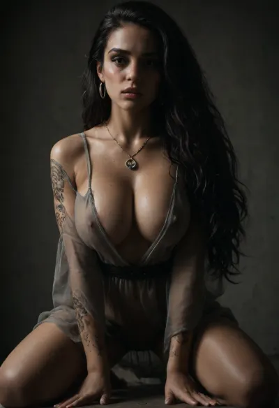 (((Very horny goth girl))), very horny breathtaking 25 year old Arab girl, tired face, eyebags, no makeup, gigantic natural saggy breasts out, wearing translucent elegant robe, athletic fitness body, microwaist, sharp abs, perfect skinny body sharp nose, smooth silky long hair rectangular face, full large lips, black hair, dark Arab skin tone, (big large tattoos all over her body:1), expensive hairstyle, expensive earrings, beautiful necklace, big round eyes, dark eyes, dark Arab skin, photorealistic skin natural imperfections, (acne, blushed, pimples, freckles, soft moles, blushing), big cheekbones, slim, deep dimples, cute chin, slutty joyful attitude, dark bedroom, low light background, volumetric flash photo, nighttime, close view, from below, (focus on photorealistic face), detailed faces, fours with spread legs, head on ground, <lora:dark:.8>, <lora:EasyFix:.5>, <lora:gougou_XL_1_-000004:.5>, <lora:xl_mega_twin_drills-1.0:.5>, <lora:greg_rutkowski_xl_2:2>