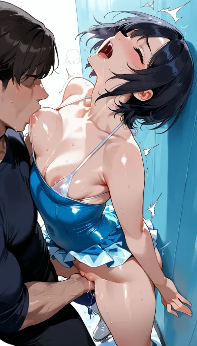 Ice skater girl, between two men, two men violently pushing her to the wall, small breasts, micro bikini top, figure skating dress, puffy nip slip, ice skates, a man sliding his hand under her clothes, groping her violently, cuddling her, fingering her pussy, fingering her vaginal, molesting her, sucking her tits, black hair, (hairy pussy:1), She is moaning, struggling, screaming. Side view, (view from above:1.3)