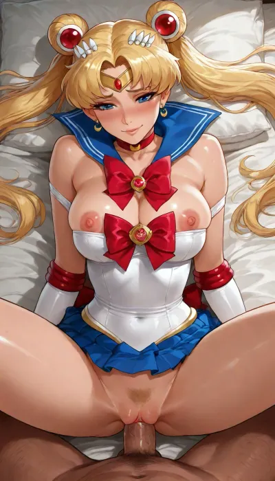 REIQ, SAILOR MOON, (skinny), (medium tits), (hairy pussy), (18 years old), penetrated from above in missionary pose, the straps of her dress are off her shoulders, the cups of her dress are pulled down expose her breasts, coy smile, shy and blushing.