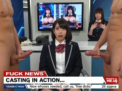 TV screen, news show, two sexy girls, Japanese students female giant boobs news anchor behind desk embarassed looking up, blazer, news ticker, 18 yo., co-anchor, Fuck news, "Casting in action...", "New whores needed, call us, free dicks" "26 апреля". Рядом с девушками двое голых мужчин с огромными членами справа и слева.