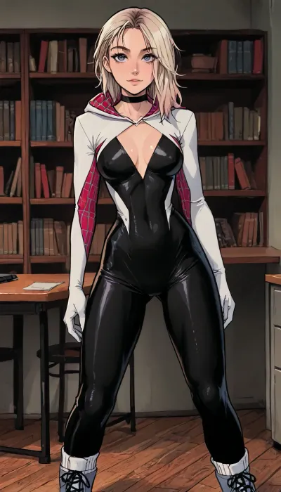 (1 girl solo), ((1 girl)), ((white hair)), long hair ponytail, (into the office), (sexy abs:1.2), (white sneakers), (clubfoot:1.3), (athletic body:1.5), (sexy abs:1.3), ((front view:1.8)), (athletic hip gap:1.4), (club foot:1.3), ((narrow waist:1.7)), (erected nipples:1), ((perky medium tits)), (pussy cameltoe:.8), (horny face), (black choker), (spider gwen outfit:1.3), (oiled skin:1.3), (long legs), (slutty outfit), ((Melkor mancin meet markgavatino style)), reiq style, ratatatat74, SamDoesArts, <lora:LCMTurboMix_Euler_A_fix:.8>, <lora:ratatatat74-000050:.5>, <lora:mk_Bp Anime_xl:.8>, <lora:焦茶_XL:.8>, <lora:SDXLSamDoesArts:.8>