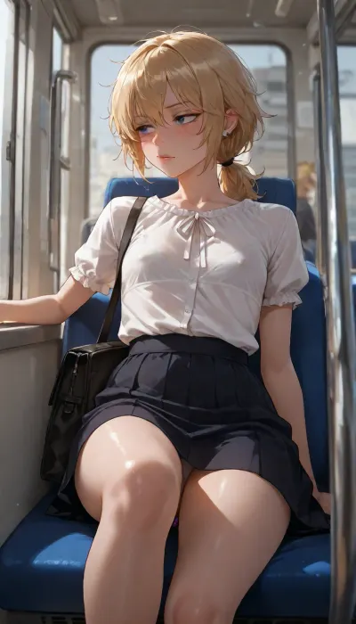 25 years old girl sitting in a busy bus in front of me, commute, skinny, (fair skin), (blonde hair), (detailed dusty blue eyes), button nose, (full lips), (((freckles))), pierced ears, (very slightly blushing), stern look, (short messy hair), low ponytail, (flat chest), (looking out of the window), head turned away, looking away, absent eyes, one arm propping head, holding a handbag on her lap, one leg on the bus sit, (wearing white blouse and dark skirt), (white bra outline showing through blouse), erect nipples, leaning back into the seat, (peeking pink anal plug from under skirt), (legs slightly parted), depth of field, soft focus, realistic, high quality, highly detailed, view directly from the front, pov