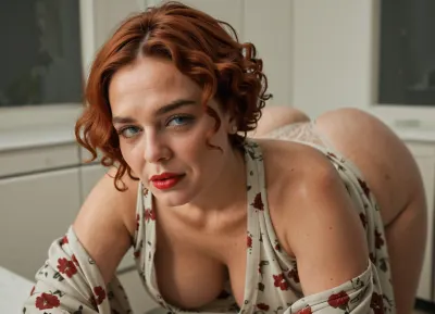 Professional makeup, partly exposes her large full breasts, at night, spotlights, many details, 4k, photorealistic, perfect picture, UHD 8K, extreme realism, maximum detail, wide angle view, distant view, award winning photo, ((solo)), 1/2 body view, drunk soviet mature woman, (((face focus))), ((completely clothing)), ((bent over)), ((in open floral robe)), (long VERY CURLY auburn HAIR IN A HIGH TOP PIXIE CUT:1.4), 40 years old, perfect face, ((sad:1.3)), ((milf:1.4)), blue eyes, makeup, red lipstick, ((standing)), in kitchen, (CHUBBY WOMAN:1.2), (((flashed her panties)))