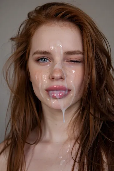 1girl, solo, cum, realistic, lips, long_hair, red_hair, messy_hair, facial, looking_at_viewer, nude, half-closed_eyes, cum_in_mouth, mole, with her face covered in tons of cum