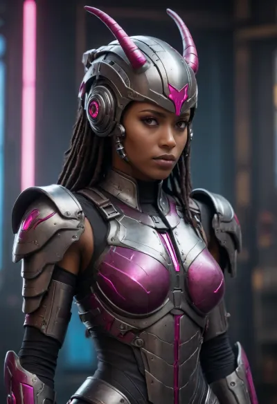 Highly detailed cinematic portrait of a fierce cyberpunk female warrior, dark bronze skin, sharp facial features, full lips, intense glowing magenta-pink cybernetic eyes. She wears an intricate biomechanical silver-white and black armor with glowing red energy accents and complex mechanical details. Elaborate futuristic helmet with two large curved metallic horns featuring purple glowing elements, long thick black dreadlocks flowing down her back and shoulders. Form-fitting segmented torso armor with prominent white chest plates, large armored pauldrons, mechanical straps, cables and panels. Dramatic three-quarter view, slight low angle, confident pose, looking to the side. Dark moody futuristic background with blurred blue vertical structures and atmospheric haze. Cinematic volumetric lighting, strong contrast, realistic metal textures, intricate mechanical details, sharp focus, photorealistic rendering, masterpiece, best quality, ultra detailed, 8k in the style of detailed sci-fi concept art, digital painting