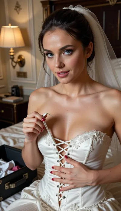 A close-up shot on bust and face, captured with a 50mm f/1.4 lens zeiss planar mounted on a rolleiflex, creating a smooth bokeh. The image evokes a vintage 50mm film aesthetic and illustrates the theme "What's going on in a hotel room?"" The scene takes place in a Venetian hotel room with classic, luxurious décor, the subject is seated on a bed with rumpled sheets.

An elegant beautiful woman wears a sophisticated hairstyle typical of a bride on her wedding night. Her large, perfectly symmetrical blue eyes sparkle with desire, they catch the light beautifully and are rendered with exquisite detail, as is her subtle makeup. As she undresses, she pulls the ribbons of her wedding dress corset with one hand, the ribbon is held between her thumb and her index finger, the other hand placed on the corset to open it . She holds the end of the ribbon of the corset, which starts from a hole of the corset the ribbon have come out of the corset. to finish untying the luxurious corset, which is adorned with small gemston., The corset is already beginning to open wide as she works on the ribbons. The photographer has paid special attention to the graceful movement of her hands, with her fingers grasping the ribbons naturally, realistically, and precisely.

An open suitcase on the bed holds a few scattered garments. Her finely detailed fingernails are painted a beautiful red. A playful, mischievous smile hints at her desire to go much further, yet for now, she takes her time, letting the desire build. She has already revealed her bosom, with her nipples visible above her exquisite lingerie. She also wears a sheer tulle veils, completing the ensemble typical of a young bride. The texture of her skin is incredibly detailed and catches subtle highlights.

The lighting is warm, typical of early evening, artificial light casting shadows that are high-contrast yet soft and warm. The background offers a glimpse of the luxurious decor of her hotel room.