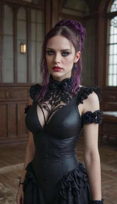 shallow depth of field, 85mm lens, ((18-year-old)), beautiful, athletic, ((young)), petite, super model, ((black eye shadow)), brunette updo hair with purple highlights, (((Mahogany skin tone))), ((tight large breasts)), (opulent French maid outfit:1.6), ((inside an opulent open studio apartment)), ((posing like a super model)), direct eye contact, warm glow, cinematic atmosphere