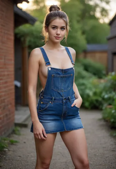 full body view of topless girl in dungaree skirt, topless, braless, big breasts, ponytail, cutie