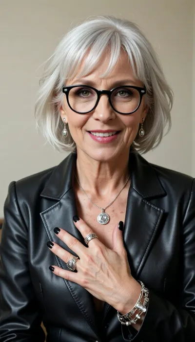 (Photorealistic portrait:64), year old woman, short voluminous silver-white hair with bangs. Black round glasses with silver details, soft grey eyeshadow, warm pink-red lipstick. Silver drop earrings, silver pendant necklace, multiple silver rings, silver bracelets. Fitted black leather blazer, glossy black fingernails. Warm friendly smile, soft indoor lighting, plain light wall background, natural lifelike details.