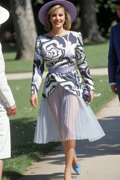 A full-length, eye-level photograph captures a woman walking outdoors on a sunlit path, surrounded by blurred figures and lush greenery. She wears a sophisticated two-piece ensemble, a long-sleeved, boat-neck top with a bold gray-and-white abstract floral print, cinched at the waist with a slim lavender belt, paired with a matching pleated transparent midi skirt that flows gracefully as she moves. She doesn‘t wear underwear, so her vagina is seen under her skirt. Her outfit is completed with a wide-brimmed lavender hat, pearl necklace, small hoop earrings, and pale blue pointed-toe heels. She carries a matching clutch under one arm. Her short, softly layered blonde hair frames a radiant, smiling face with bright eyes and natural makeup. The lighting is bright daylight, casting soft shadows and highlighting the texture of her dress. The background features out-of-focus trees and grass, suggesting a formal garden or estate setting. The image has a vintage 1980s photographic style — slightly grainy, with saturated colors and shallow depth of field, emphasizing the subject while softly blurring surroundings. Composition centers her in mid-stride, conveying elegance and movement.