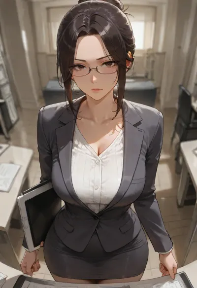 masterpiece, best quality, absurdres, newest, highres, very aesthetic, 1girl, solo, mature female, adult, nsfw, dark hair, hair bun, brown eyes, glasses, beautiful detailed eyes, slender body, medium breasts, narrow waist, office lady, formal suit, dark gray skirt suit, white blouse, pencil skirt, professional clothes, standing, standing in front of desk, holding tablet, serious expression, looking at viewer, office, principal office, desk, indoor, detailed background, soft lighting, cinematic lighting, depth of field, detailed face, detailed eyes, intricate details, highly detailed