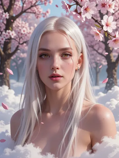 Art by WLOP, Cushart, Carne Griffiths, a nude young woman, cherry blossom forest, long straight white hair, dreamy atmospheric lighting, ethereal, serene, captivating composition, beautiful color palette, rough brushstrokes, above the clouds, eyes open, amber eyes, piercings