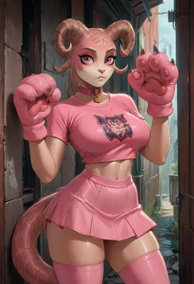 DeathClaw, big eyes, big breasts, big thighs, pink stockings, pink skirt, pink t-shirt, collar, cat paw gloves, high detail, anthro, furry, solo, slim waist, reiq style, <lora:NEOTOKIOXL_0.2_RC:2>, <lora:kohaku_delta_style_colorful_spv5x:2>