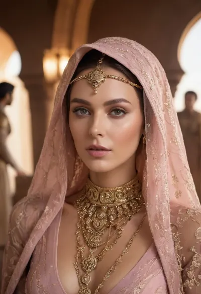(based on a scene from the film ‘Dune’), Lady Jessica of the Bene Gesserit Order, official concubine of Duke Leto Atreides, upon arrival on Arrakis, (in richly decorated attire), ((with a mesh veil covering her face)), (beautiful expressive eyes), ((low-cut dress with a hood)), (intricate gold chains and necklaces), ((mesh sleeves), gold inlaid belt, (soft pink fabric), (subdued color), (deep shadows), (soft lighting), (portrait), ((woman from the entourage in the background)), (cinematic quality), (photorealism), (high detail), (depth of field), (staged), (epic scale), (atmospheric))