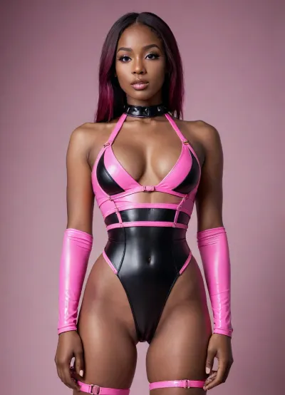 a woman in a pink bikini posing for a picture, pink body harness, body harness, rave otufit, black female, wearing leather swim suite, african domme mistress, latex outfits, zentai suit, instagram highlights, beautiful woman body, wearing latex outfit, harnesses, black woman, barbie cyborg, high level body suit, monokini, sweet little gurl, dress, xinggan1, linger, <lora:xinggan1_XL_reg0_-000004:.5>