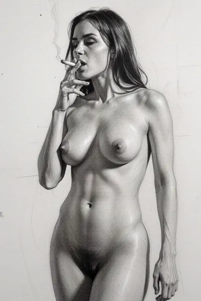 (((drawing sketch))), a smoking woman, full body, pencil, drawing, monochrome, sketch, traditional, media, graphite, dandecarlo, vintagenudeslora