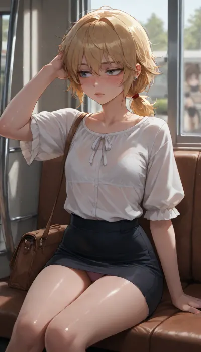 25 years old girl sitting in a busy bus in front of me, commute, skinny, (fair skin), (blonde hair), (detailed dusty blue eyes), button nose, (full lips), (((freckles))), pierced ears, (very slightly blushing), stern look, (short messy hair), low ponytail, (flat chest), (looking out of the window), head turned away, looking away, absent eyes, one arm propping head, holding a handbag on her lap, (wearing white blouse and dark pen skirt), (white bra outline showing through blouse), erect nipples, (peeking pink panties from under skirt), (legs slightly parted), depth of field, soft focus, realistic, high quality, highly detailed, view directly from the front