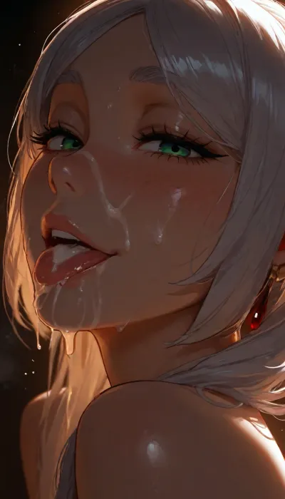 1girl, Frieren, ______1girl, smiling, naked shoulders, side view, head focus, detailed face, big innocent eyes, looking at viewer, naughty face, blushing, dark background, (incase:.8), masterwork, masterpiece, best quality, high detailed, light through hair, very aesthetic, 8k, cum on face, tongue out. Cum on tongue, dripping cum. cum dripping from face, flash on the girl., backlight, edge lighting. 1girl, solo, bangs, eye, focus, close-up, sparkle, looking, at, viewer, glowing, eyelashes, <lora:MJ52:1.7>, <lora:dark:.9>, <lora:Jeweled eyes-NAI:.8>, <lora:BUT_SDXL_SHS:1.7>, <lora:attractive_notrigger:1.6>