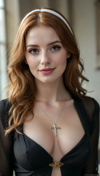 masterpiece, best quality, ultra detailed, photorealistic, 8k raw photo, beautiful 25 year old woman, mature young adult face, attractive feminine features, sharp jawline, full lips, seductive charming smile, long flowing redhead hair.
slender yet curvy body, elegant silhouette, large natural breasts, wearing a sexy modernized black nun habit with deep cleavage, white collar, golden cross necklace, habit with revealing cutouts on the sides of the hips, . They are wearing a black nun's habit with a white collar, which contrasts beautifully with their clear and luminous complexion. A golden cross hangs around their neck, adding a spiritual dimension to their appearance. The outfit is modernized with cutouts on the sides of the hips, adding an elegant touch to the traditional, CharacterDesignFLUX, reference, sheet, white, background, simple, multiple, views, upper, body, front, from, side, color, palette, high_detailed, captured, in, high, detail, magic, particles, references, sideboob, 古典, 罗马, <lora:style_lora_realis:.5>, <lora:2BoutOvalSDXL2-000002:.5>