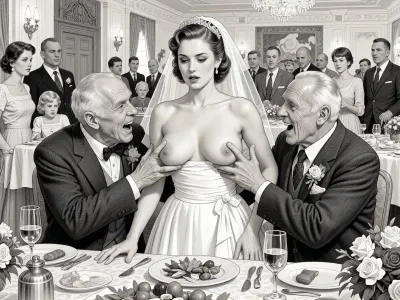 This is is a detailed monochromatic pencil drawing in a classical illustrative style depicts a scene set in USSR, in 1950s, a striking busty bride in a white dress, ((2 drunk old men roughly pawing her exposed tits with their fingers)), 2 drunken old men laughing and mocking, on a festive table during the wedding banquet, family and parents are watching in their best clothes, a large banquet hall, The overall mood is intense, rendered in fine, expressive line work and subtle shading, evoking the style of 1950s satirical or moralistic illustrations.