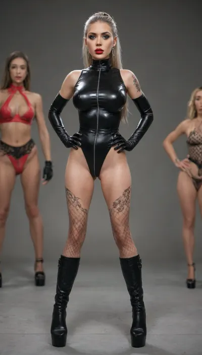 One girl, 23 years old, extra bimbo, BDSM mistress, black fishnet bodysuit, high leather black boots with high heels, high latex gloves, gray hair, long hair, full lips in scarlet lipstick, big mouth, high cheekbones, big impressive eyes, tattoos all over the body, slicked hair gathered in a ponytail, hairspray, legs shoulder-width apart, hands on hips, easy angle, girl slightly leaned forward, looking at the camera.