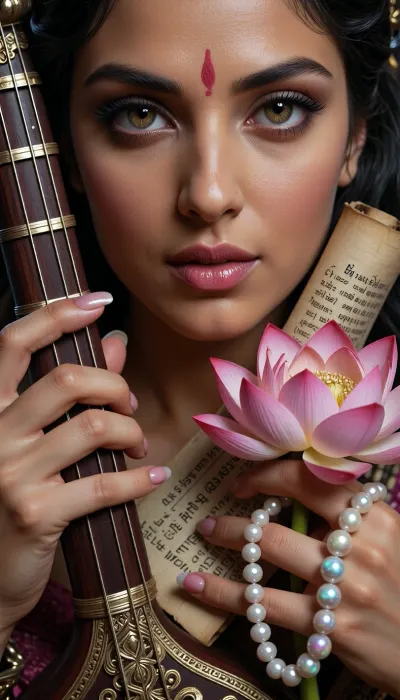 An award-winning masterpiece — a hyper-realistic, divine portrait of the goddess Saraswati, featuring a close-up of her face and upper body. Her eyes are exceptionally detailed and expressive. She has four flawless, perfectly formed hands with meticulously rendered anatomical details, fine lines on the palms, realistic nails with a translucent sheen, (and clearly defined cuticles), (. Each hand holds a sacred object with absolute precision:1), The first hand holds Saraswati’s traditional vina, historically accurate, with exactly seven distinct, thin metal strings. 2, The second hand holds an ancient sacred book in the form of a partially unrolled parchment scroll with detailed text. 3, The third hand holds a sumptuous rosary of shimmering, iridescent white pearls with realistic, soft reflections. 4, The fourth hand holds an unblemished, fully bloomed pink lotus flower with a velvety texture and visible dewdrops on the petals. A divine, radiant aura, elegant, cinematic lighting, a three-dimensional atmosphere, ultra-high resolution, photorealistic textures, a highly detailed composition, dramatic studio lighting.