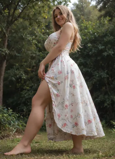 (1 Young woman:1.3), petit, slim girl, (white skin:1.5), (young skin:1.2), (young face:1.5), (tender face:1.5), fullbody view, (short stature:1.4), (long hair:1.5), natural blonde, beautiful face, big bright smile, happy expression, (joyful smile:1.4), (large breasts:1.3), (thick legs:1.3), (wide hips:1.3), round buttocks, large buttocks, (hourglass body:1.2), perfect hands, feminine hands, perfect fingers, Small feet, feminine feet, beautiful feet, ..
standing in profile, (side view:1.7), body turned to the side, barefoot, ., wearing a floral summer dress, long dress, flowy floral print, standing on the grass, in the backyard, outdoor shot, (photo from below:1.5), perspective from the floor, boho, dress, <lora:StandWithOneLegUp.1.0:.4>, <lora:SDXL_BetterFaces-LoRA_v1:.6>, <lora:BT_Boho_Dress_XL:.6>