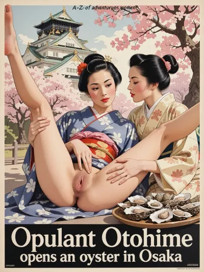 Two woman reclines, legs open, she is playing with her pussy, A second Japanese woman beside her, both dressed in elegant traditional kimono, sharing a quiet smile. A tray fresh oysters in the foreground. Soft pink light filtering through blooming cherry trees, a gentle spring afternoon. Osaka Castle rising in the background, its tiered roofs visible above the trees.

In the style of a 1930s travel poster, water colour illustration, strong line work.

Very small text across the top “A-Z of adventurous women”
Text across the bottom “Opulent Otohime opens an oyster in Osaka”