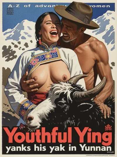 Ying and old man embracing, she is laughing, she is wearing a traditional embroidered costume breasts exposed, he naked except for his hat, a very shaggy yak in the foreground, and snow-capped mountains in the background.

In the style of a 1930s travel poster, water colour illustration, strong line work.

Very small text across the top "A-Z of adventurous women"

Text across the bottom "Youthful Ying", "yanks his yak in Yunnan"